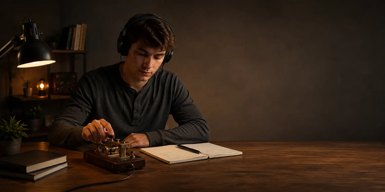 A beginner practicing Morse code with headphones and a straight key