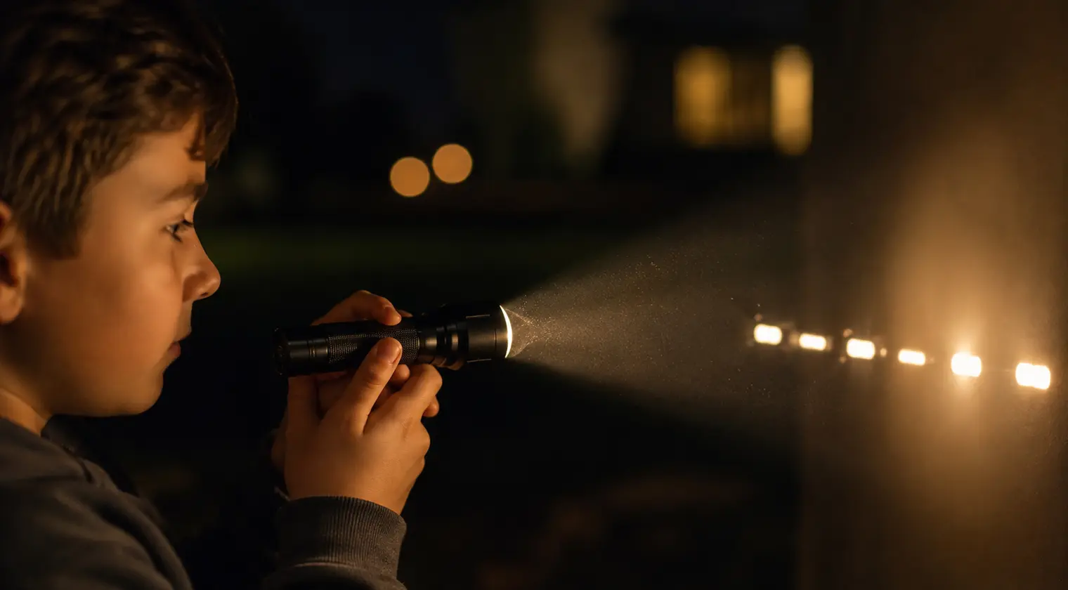 A child using a flashlight to blink Morse code dots and dashes