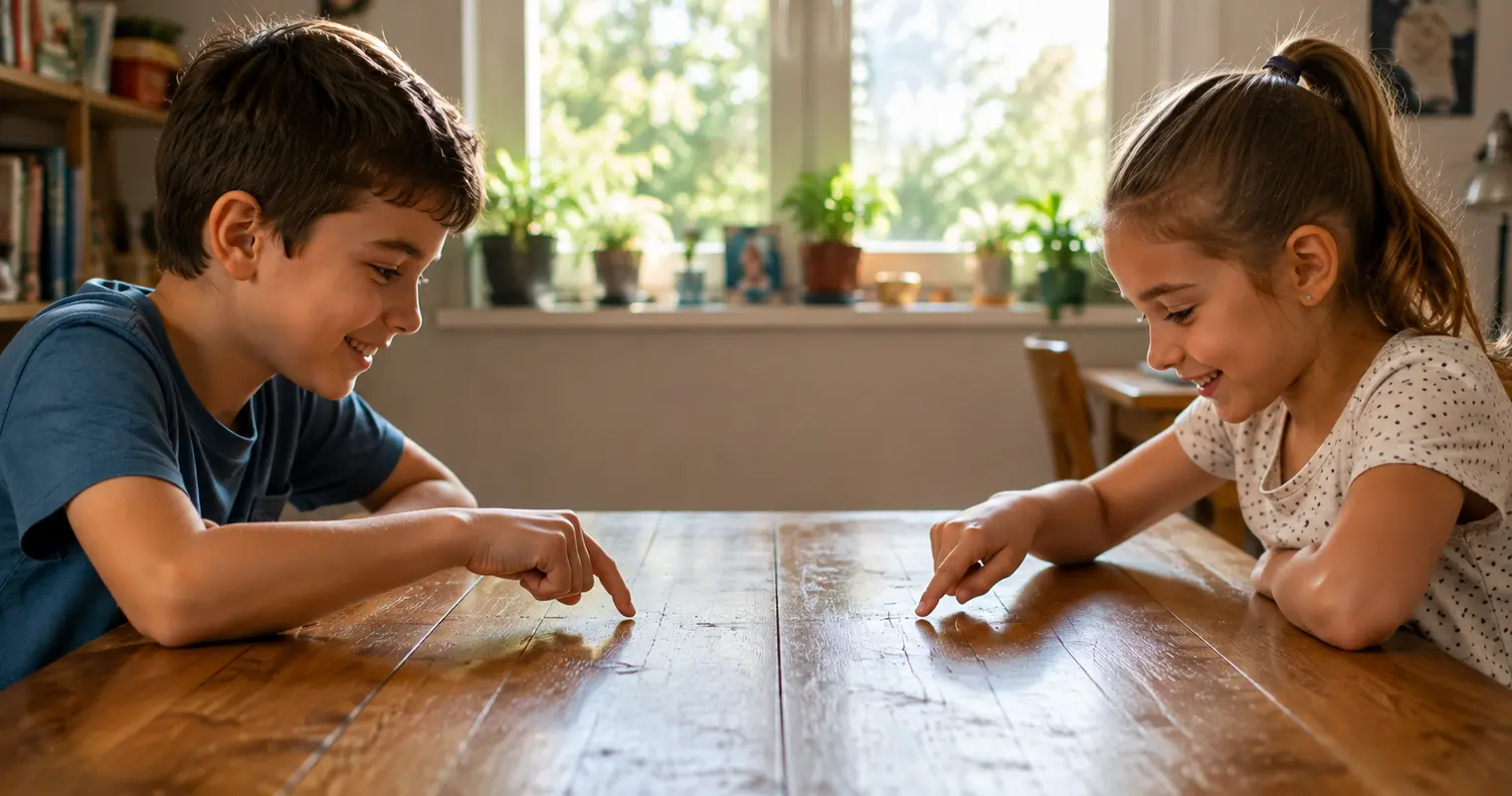 Children tapping out a secret Morse code knock on a table