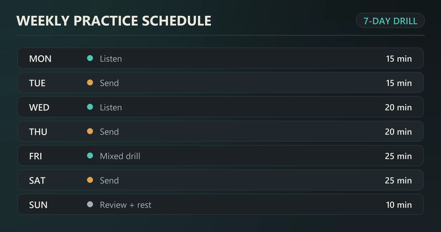 A weekly Morse code practice schedule with daily listening and sending drills